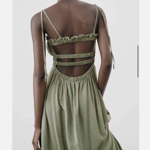 Zara Open Elastic Ruffle Back Spaghetti Strap Midi Dress Green Size Large - Picture 2 of 6